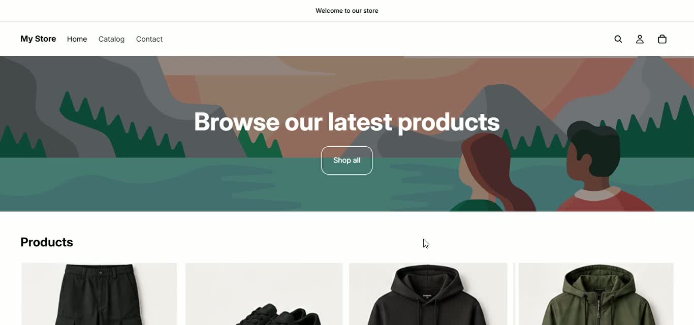 Original Shopify store with a default illustrated banner and product grid