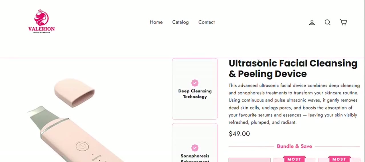 VALERION ultrasonic facial cleansing device Shopify product page designed by Idowu Micheal Destiny (Micheal Automate)