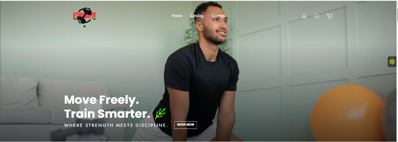 ETHICAFIT fitness Shopify homepage with Move Freely Train Smarter headline designed by Idowu Micheal Destiny (Micheal Automate)